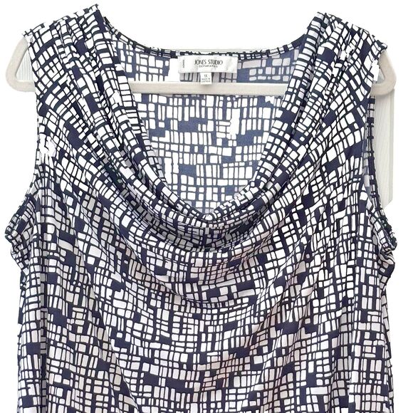 Jones Studio NY Sleeveless Blouse (1X), Drape Cowl Neck, White w/Blue Print NWOT - Picture 2 of 11